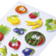 Bunte Aufkleber von verschiedenen Früchten mit Augen, darunter Äpfel, Bananen, Erdbeeren und Wassermelonen.