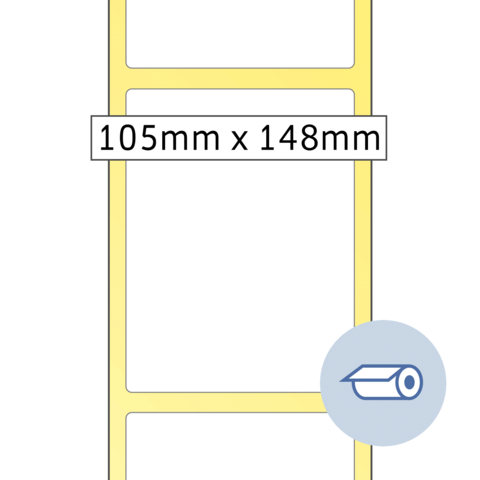Ein gelbes Etikett mit den Maßen 105 mm x 148 mm, umgeben von leeren Bereichen. Ein Symbol für einen Stift ist in der unteren rechten Ecke.
