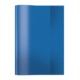 Blaues, glänzendes Ordnersystem mit einer transparenten Vorderseite und einer stabilen Rückseite. Ideal für die Aufbewahrung von Dokumenten.