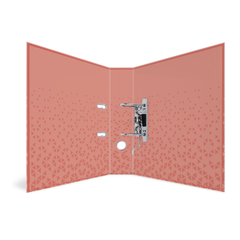 Ein offenes, pinkfarbenes Ringbuch mit geometrischem Muster und Metallmechanismus in der Mitte.