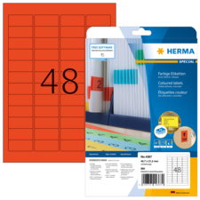 Rote Etiketten auf einem Bogen mit 48 farbigen Etiketten, verpackt in einer transparenten Hülle mit Informationen und Softwarehinweis.