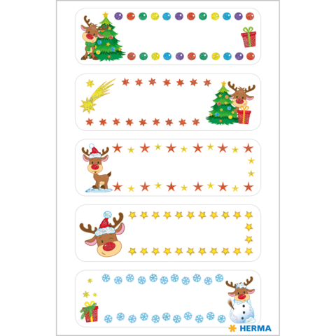 Bunte Aufkleber mit Weihnachtsmotiven, darunter ein Weihnachtsbaum, Rentiere, Geschenke und Schneemann, dekoriert mit Sternen und Schneeflocken.