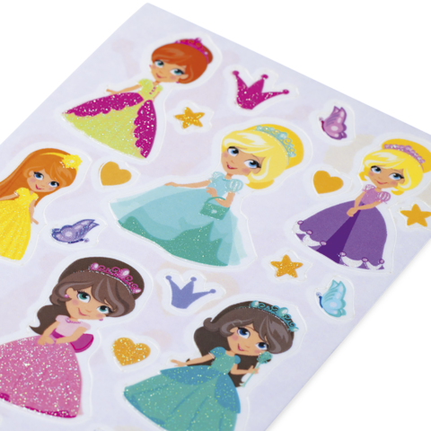 Bunte Aufkleber mit verschiedenen Prinzessinnen in glitzernden Kleidern, umgeben von Herzen, Kronen und Sternen.