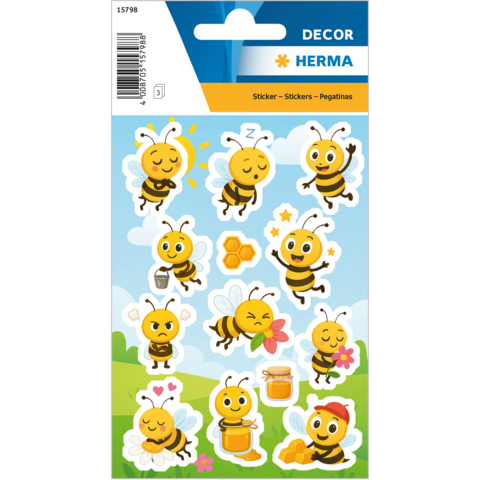 Colorful stickers featuring cartoonish bees in various poses, surrounded by flowers, honey, and other sweet elements.