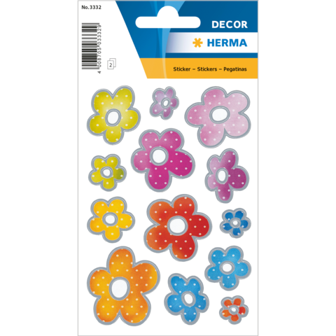 Bunte Blumensticker in verschiedenen Größen und Farben, auf einer Verpackung angeordnet. Enthält gelbe, pinke, orange und blaue Blumen.