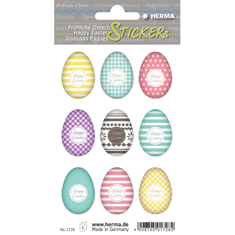 Bunte Aufkleber mit Ostereiern in verschiedenen Designs und Farben, beschriftet mit "Happy Easter" und "Fröhliche Ostern".