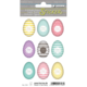 Bunte Aufkleber mit Ostereiern in verschiedenen Designs und Farben, beschriftet mit "Happy Easter" und "Fröhliche Ostern".