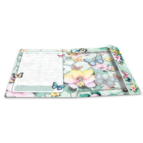 A open notebook with colorful butterflies and floral patterns on the pages. One page features blank spaces for notes.