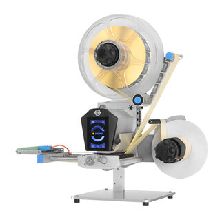 Labeling machine with rollers for labels, control unit, and unwinder. Suitable for precise labeling of products.