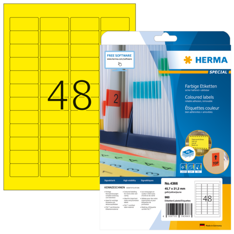 Gelbe Etiketten mit der Nummer 48, verpackt in einer transparenten Hülle, mit Hinweisen zu farbigen Etiketten und Software.