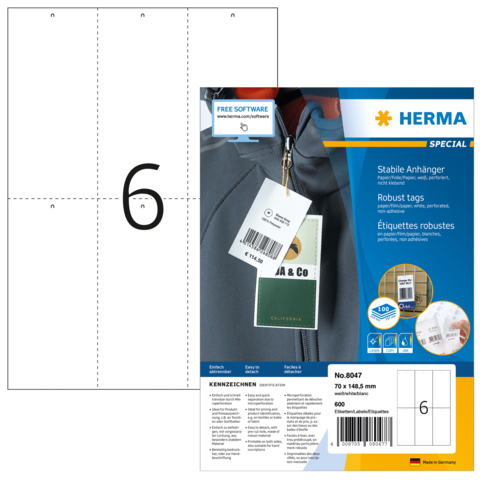 Ein Blatt mit stabilen Anhängern und robusten Etiketten, das die Nummer 6 zeigt. Verpackung von HERMA mit Software-Hinweis.