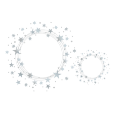 Silberne Sterne und Kreise in verschiedenen Größen, umgeben von kleinen Punkten, auf weißem Hintergrund.