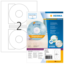 CD-Etiketten von Herma, Packung mit 200 Etiketten, zeigt ein Beispiel für die Etikettenanordnung und Softwarehinweise.