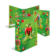 Bunte Ordner mit cartoonhaften Insekten und Äpfeln auf grünem Hintergrund, ideal für Kinder.