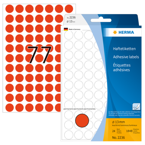 Runde, rote Haftetiketten in einer Packung mit 24 Stück, Durchmesser 13 mm, hergestellt in Deutschland.