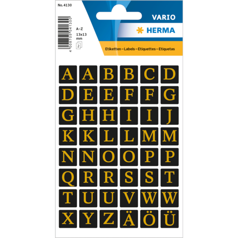 Schwarze Etiketten mit goldenen Buchstaben von A bis Z, geeignet für Beschriftungen und Organisation.