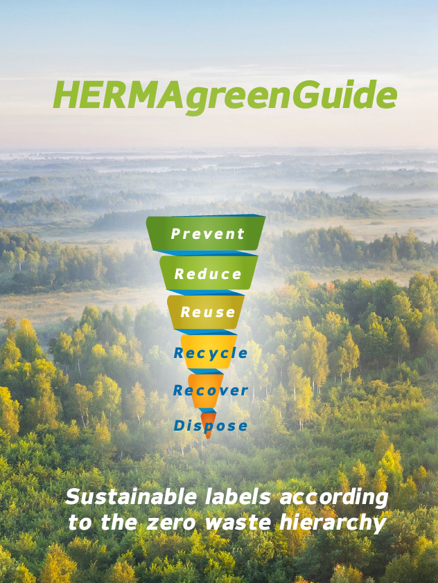 HERMAgreenGuide with information on sustainable labels according to the waste hierarchy and an overview of eco-friendly practices.