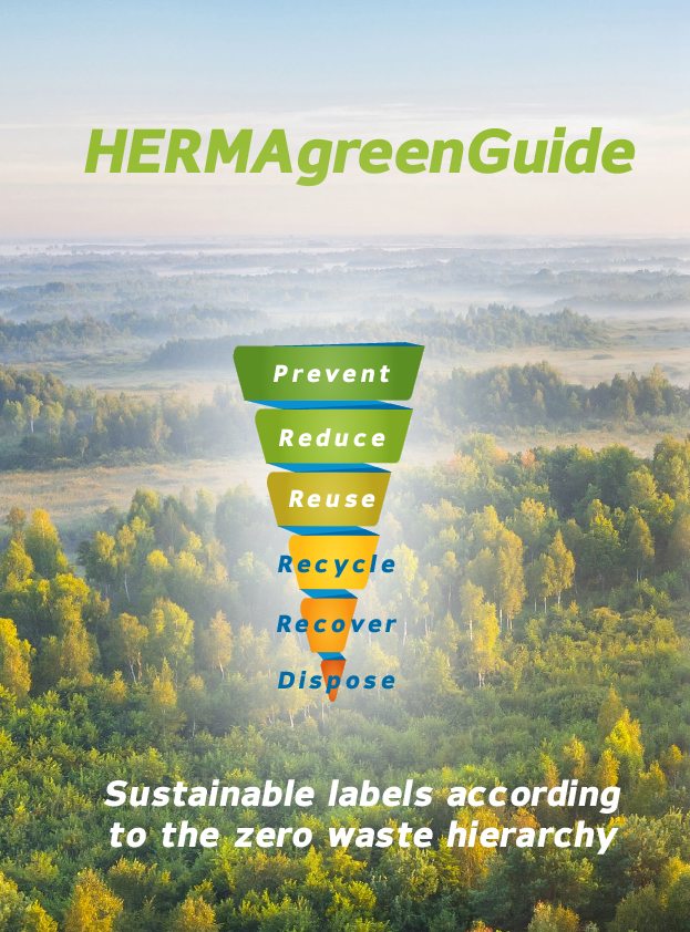 HERMAgreenGuide with information on sustainable labels according to the waste hierarchy and an overview of eco-friendly practices.