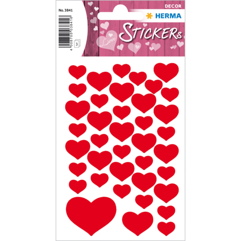 Rote Herzaufkleber in verschiedenen Größen auf einem Bogen, geeignet für Dekoration und Bastelprojekte.