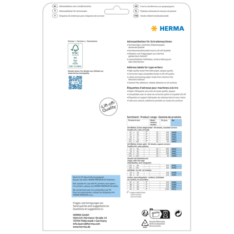 Adressetiketten für Schreibmaschinen von HERMA, inklusive Produktinformationen und QR-Code. Rückseite mit Anweisungen und Sortimentsübersicht.