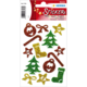 Glitzernde Weihnachtsaufkleber in verschiedenen Formen, darunter Tannenbäume, Sterne, Geschenkbänder und Weihnachtsmann-Motive.
