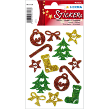Glitzernde Weihnachtsaufkleber in verschiedenen Formen, darunter Tannenbäume, Sterne, Geschenkbänder und Weihnachtsmann-Motive.