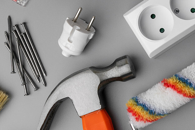Tools and materials at the hardware store, landscape format