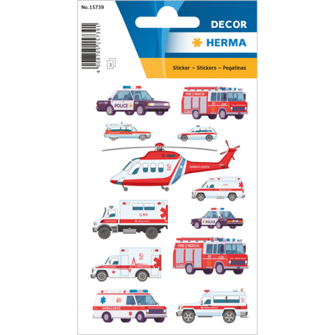 Aufkleber mit verschiedenen Einsatzfahrzeugen, darunter Polizeiautos, Rettungswagen und ein Hubschrauber.