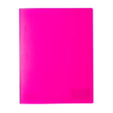 Ein leuchtend pinkfarbener Ordner mit einer glatten Oberfläche und einer kleinen, unbeschrifteten Fläche in der unteren rechten Ecke.