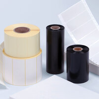 Blank Labels: A collage of HERMA sheet labels, roll labels, fold labels, and thermal transfer ribbons.