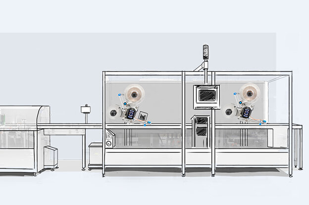An industrial machine with multiple components, including control units and workstations, featuring a modern design.