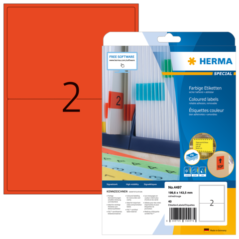 Rote Etiketten mit der Nummer 2, verpackt in einer transparenten Hülle. Hersteller: Herma, Artikelnummer 4487.