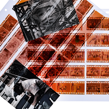 Eine Sammlung von Filmstreifen mit verschiedenen Schwarz-Weiß- und Farbfotos, die Szenen aus dem Alltag und Porträts zeigen.