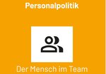 Personnel policy focused on teamwork, represented by three stylized individuals. Text: 'The person in the team.