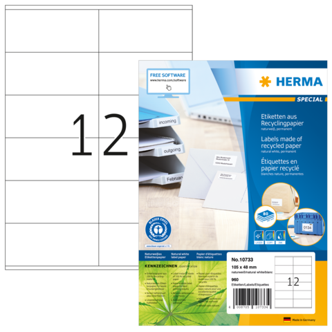 Etiketten aus Recyclingpapier mit der Nummer 12, verpackt in einer blauen und weißen Verpackung. Enthält 90 Etiketten.