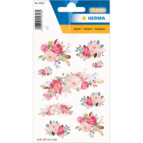 Bunte Blumenaufkleber in verschiedenen Designs, hauptsächlich in Rosa und Weiß, auf einem weißen Hintergrund.