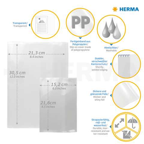Transparent polypropylene sleeves in two sizes, washable, durable, and tear-resistant, with information on dimensions and features.