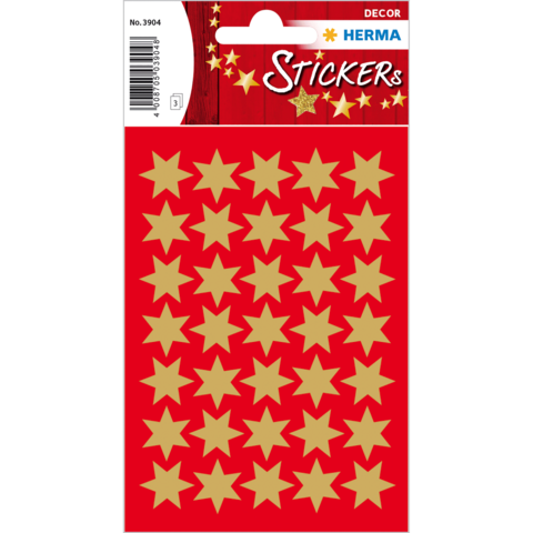 Goldene Sternaufkleber auf rotem Hintergrund, angeordnet in einem Raster. Ideal für Dekoration oder Bastelprojekte.