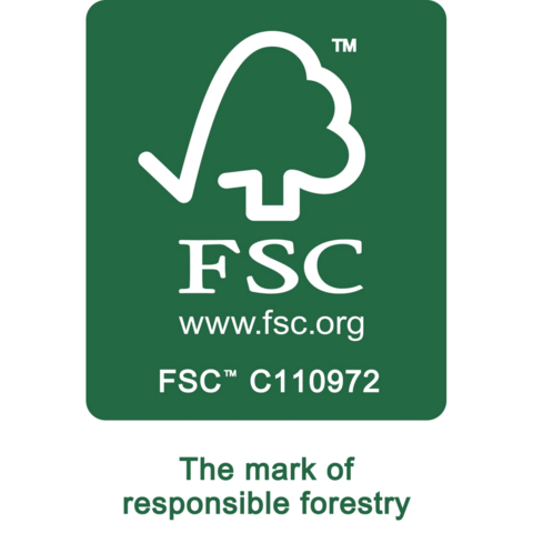 FSC-Logo für verantwortungsvolle Forstwirtschaft mit der Website www.fsc.org und der Kennnummer FSC C110972.