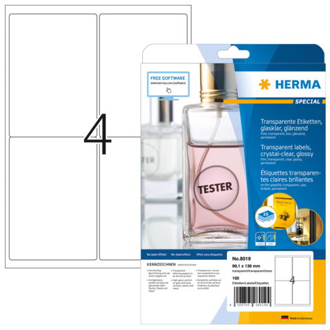 Transparente Etiketten von Herma, glänzend, für Flaschen, mit der Aufschrift "Tester", verpackt in einer Blisterverpackung.