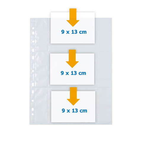 A transparent cover with three compartments, each displaying a sheet measuring 9 x 13 cm, with arrows pointing to the sheets.