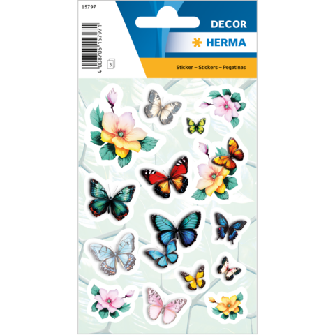 Colorful stickers featuring various butterflies and floral designs on a light background.