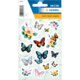 Colorful stickers featuring various butterflies and floral designs on a light background.