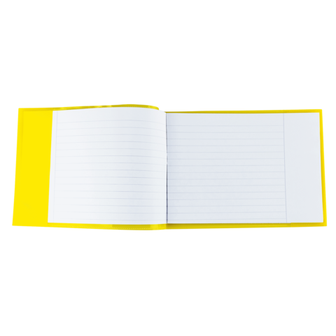 Ein offenes Notizbuch mit gelbem Einband und leeren, linierten Seiten.