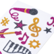 Bunte Aufkleber mit Musikmotiven, darunter ein Mikrofon, Noten, ein Klavier und Sterne in verschiedenen Farben.