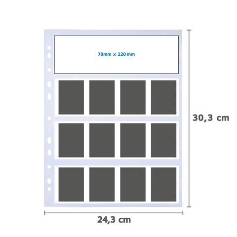A photo sheet with space for multiple images, including a top strip for captions, measuring 24.3 cm x 30.3 cm.