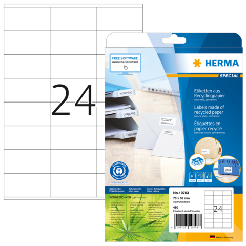 Etikettenblatt mit 24 Etiketten aus Recyclingpapier, verpackt in einer transparenten Hülle mit Produktinformationen und Softwarehinweis.
