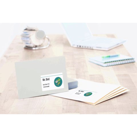 Ein Briefumschlag und eine Karte mit dem Namen "Mr. Bird" und einem grünen Logo auf einem Tisch mit Schreibutensilien.