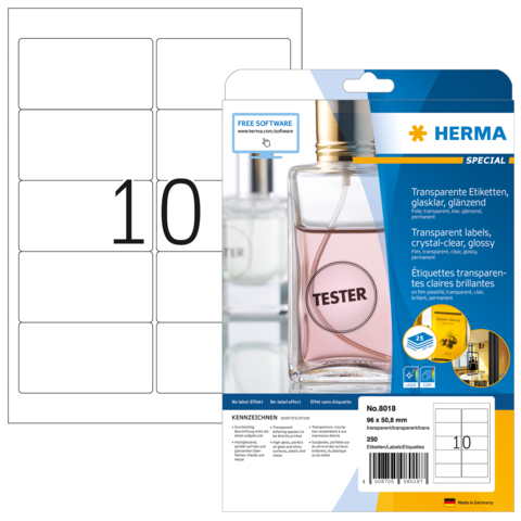 Transparente Etiketten von Herma, glasklar und glänzend, mit einer Packungsbeilage, die die Verwendung und Spezifikationen beschreibt.