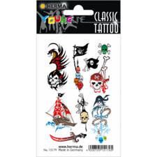 Bogen mit temporären Tattoos, darunter Piratenschiffe, Totenköpfe, Schlangen und Flaggen in verschiedenen Designs.